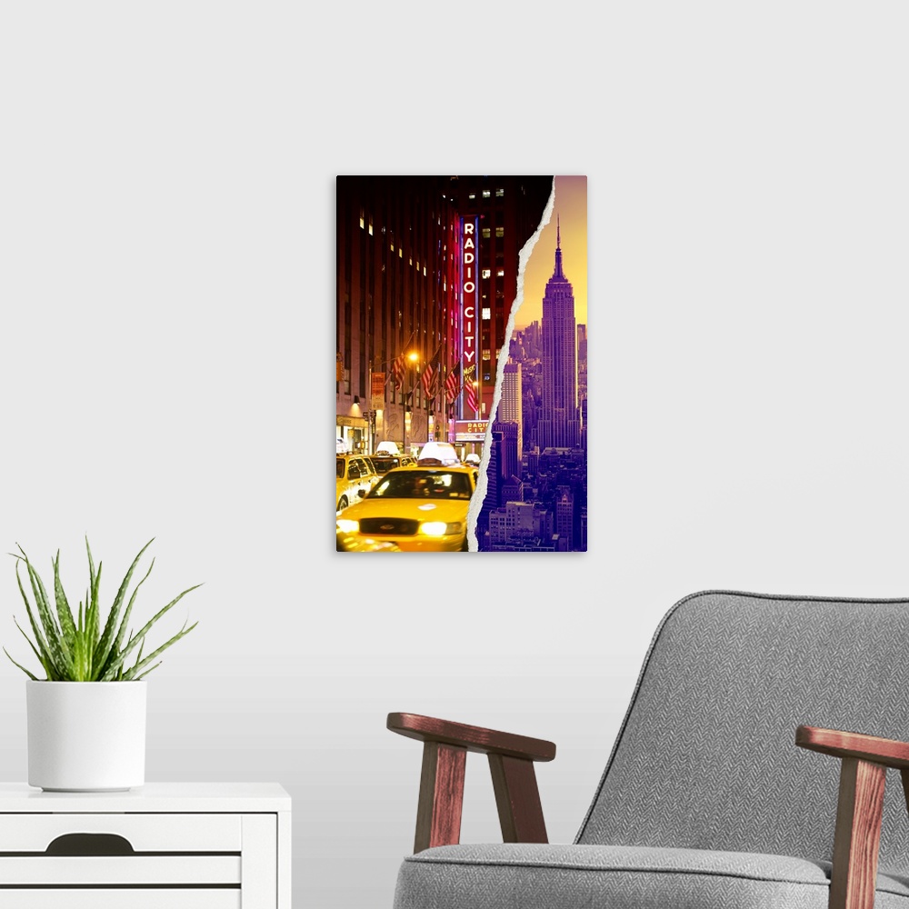 A modern room featuring Two torn photographs of New York city landmark sites put together to make one image.