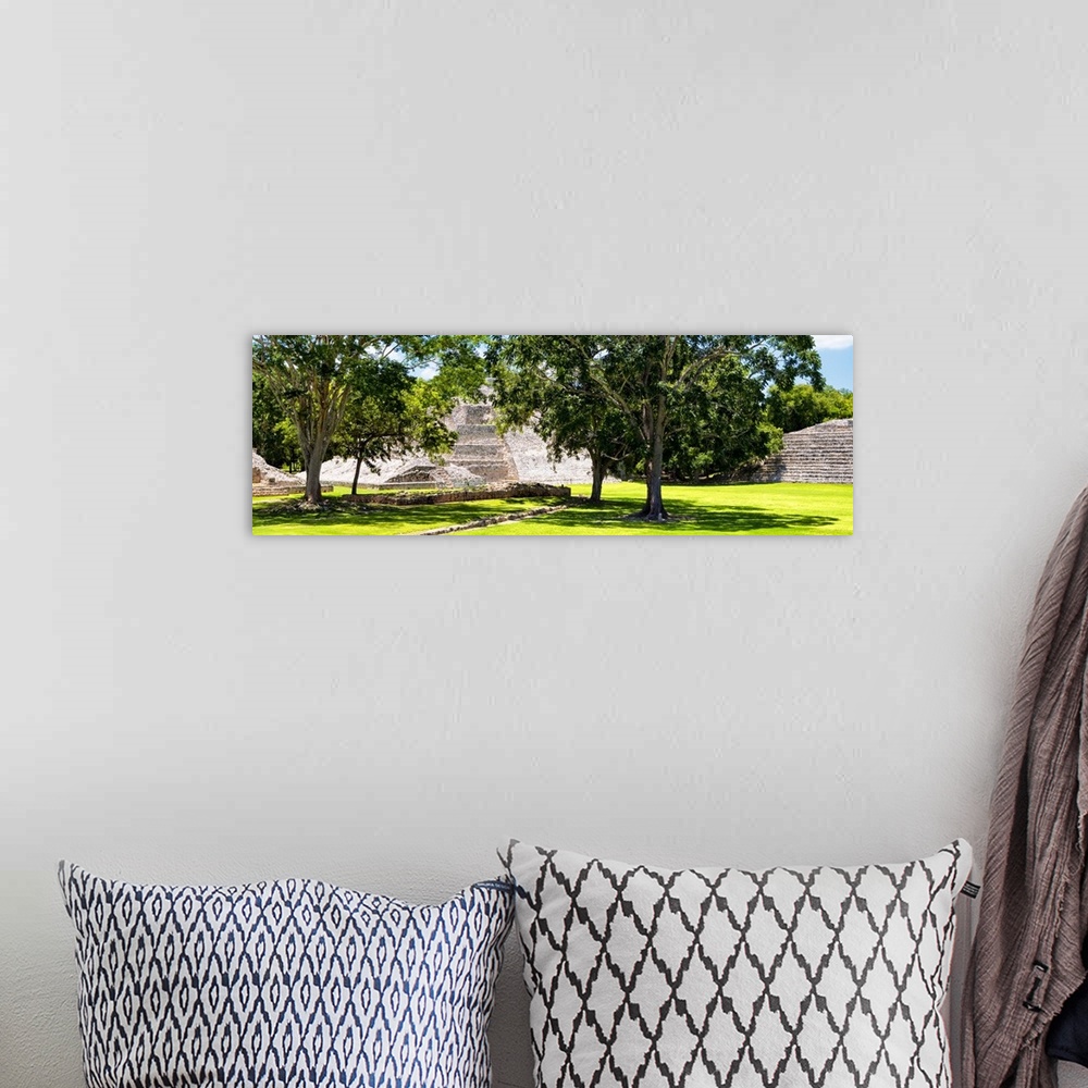 A bohemian room featuring Panoramic photograph of ancient pyramids at Edzna archaeological park in Campeche, Mexico. From t...