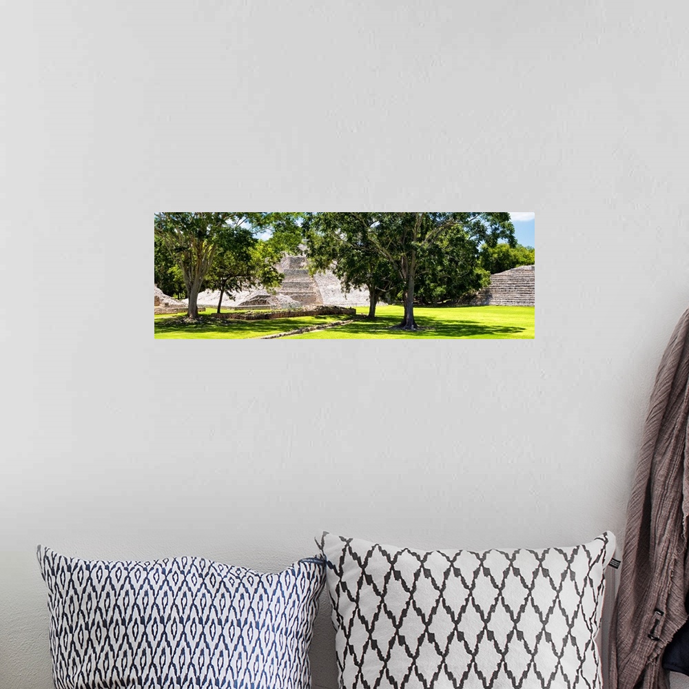 A bohemian room featuring Panoramic photograph of ancient pyramids at Edzna archaeological park in Campeche, Mexico. From t...