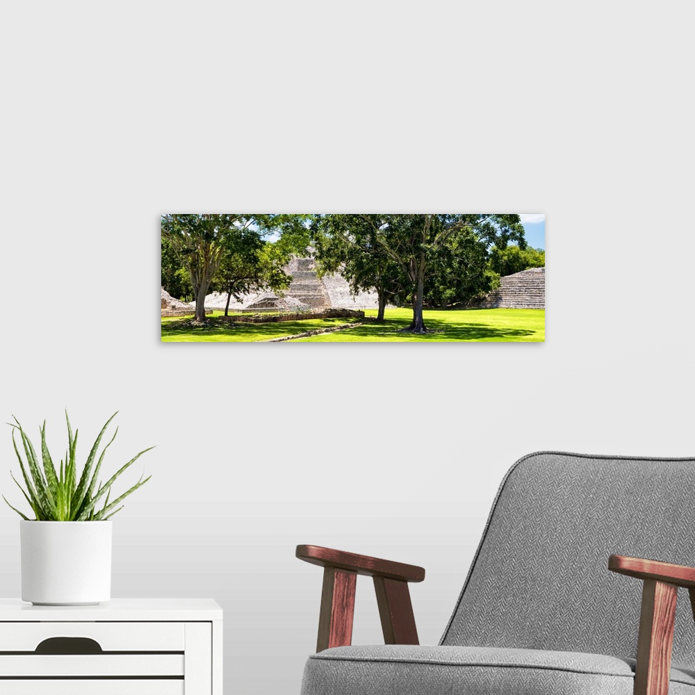 A modern room featuring Panoramic photograph of ancient pyramids at Edzna archaeological park in Campeche, Mexico. From t...