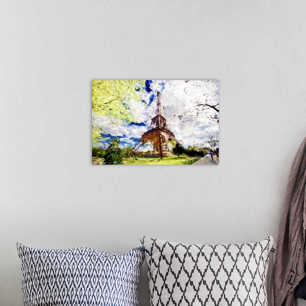 A bohemian room featuring Photograph of Paris, France with a painterly effect.
