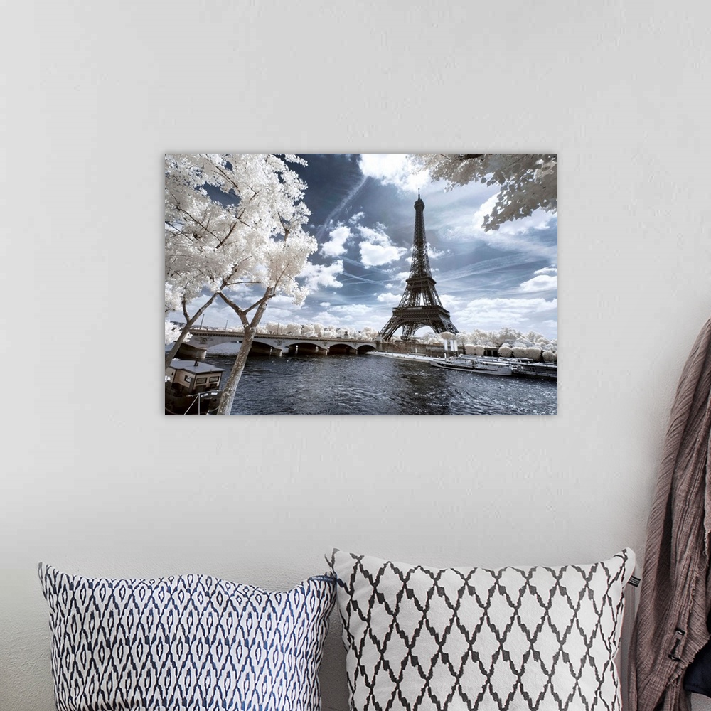 A bohemian room featuring A view of the Eiffel Tower in Paris with selective coloring. From the "Another Look" series.