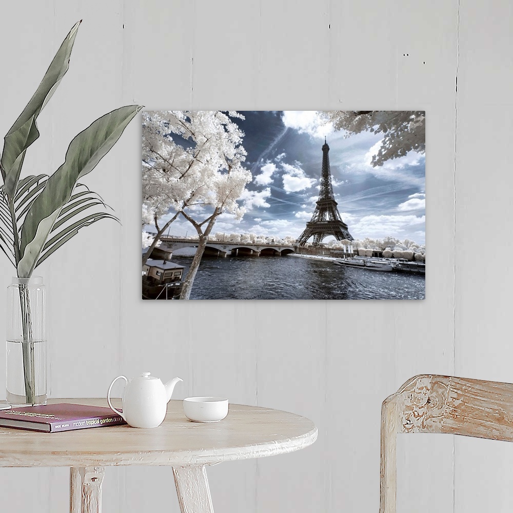 A farmhouse room featuring A view of the Eiffel Tower in Paris with selective coloring. From the "Another Look" series.