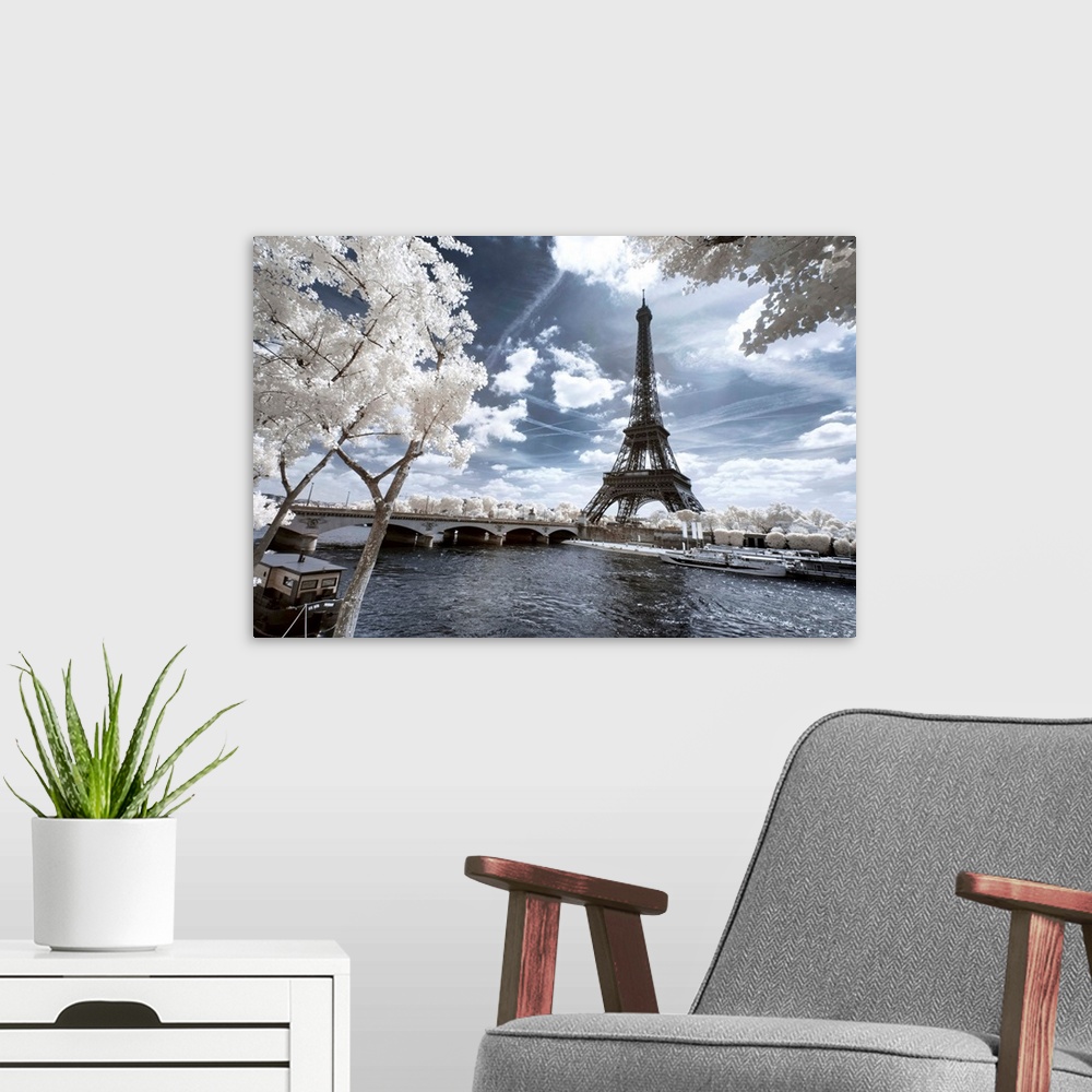 A modern room featuring A view of the Eiffel Tower in Paris with selective coloring. From the "Another Look" series.