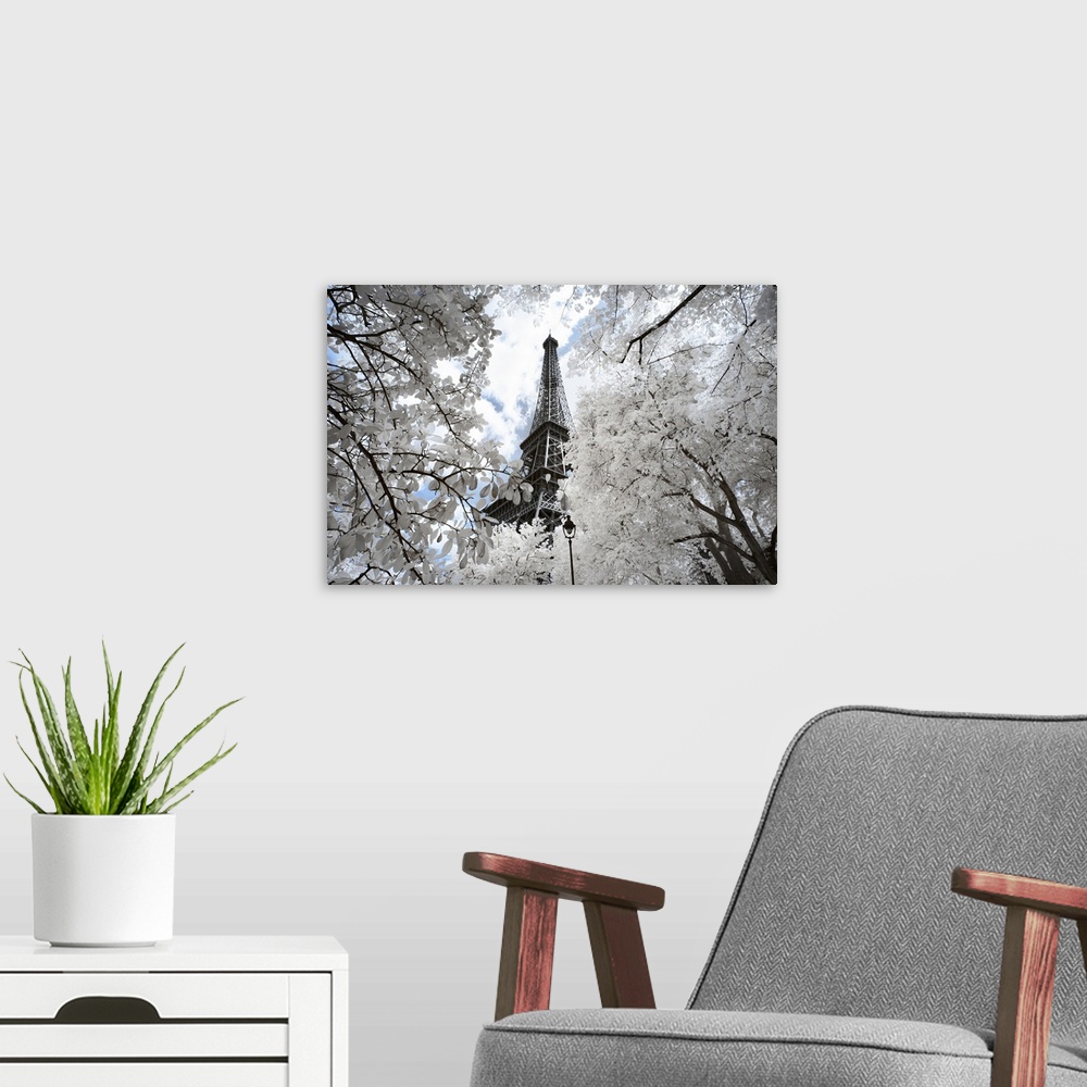 A modern room featuring A view of the Eiffel Tower in Paris with selective coloring. From the "Another Look" series.