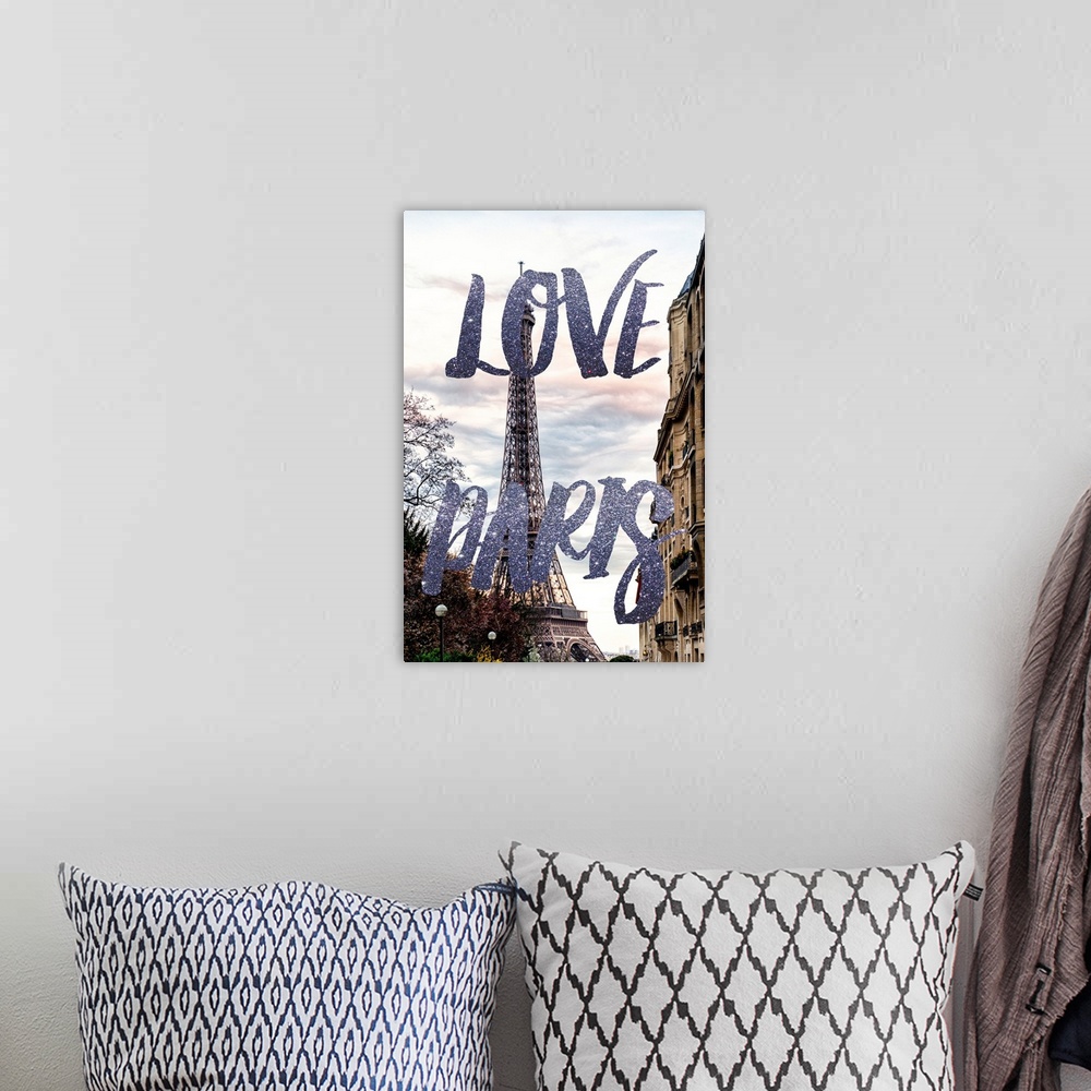 A bohemian room featuring A photograph of the Eiffel Tower with the phrase "Love Paris" written in silver glitter. From the...