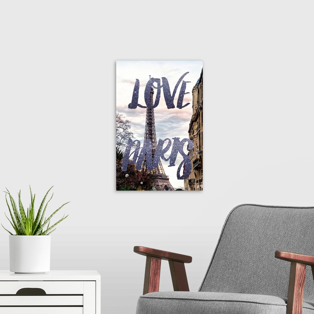 A modern room featuring A photograph of the Eiffel Tower with the phrase "Love Paris" written in silver glitter. From the...