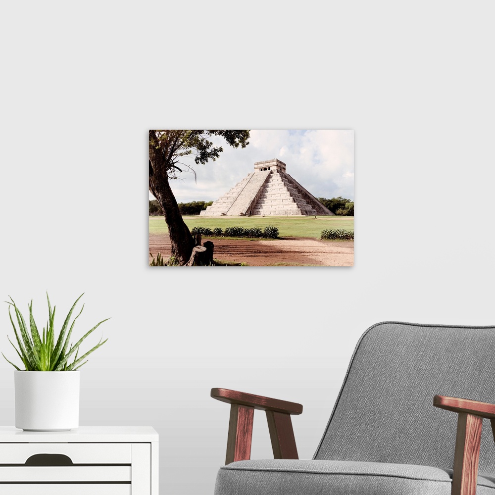 A modern room featuring Photograph of El Castillo Pyramid in  Chichen Itza, Yucat?n, Mexico. From the Viva Mexico Collect...