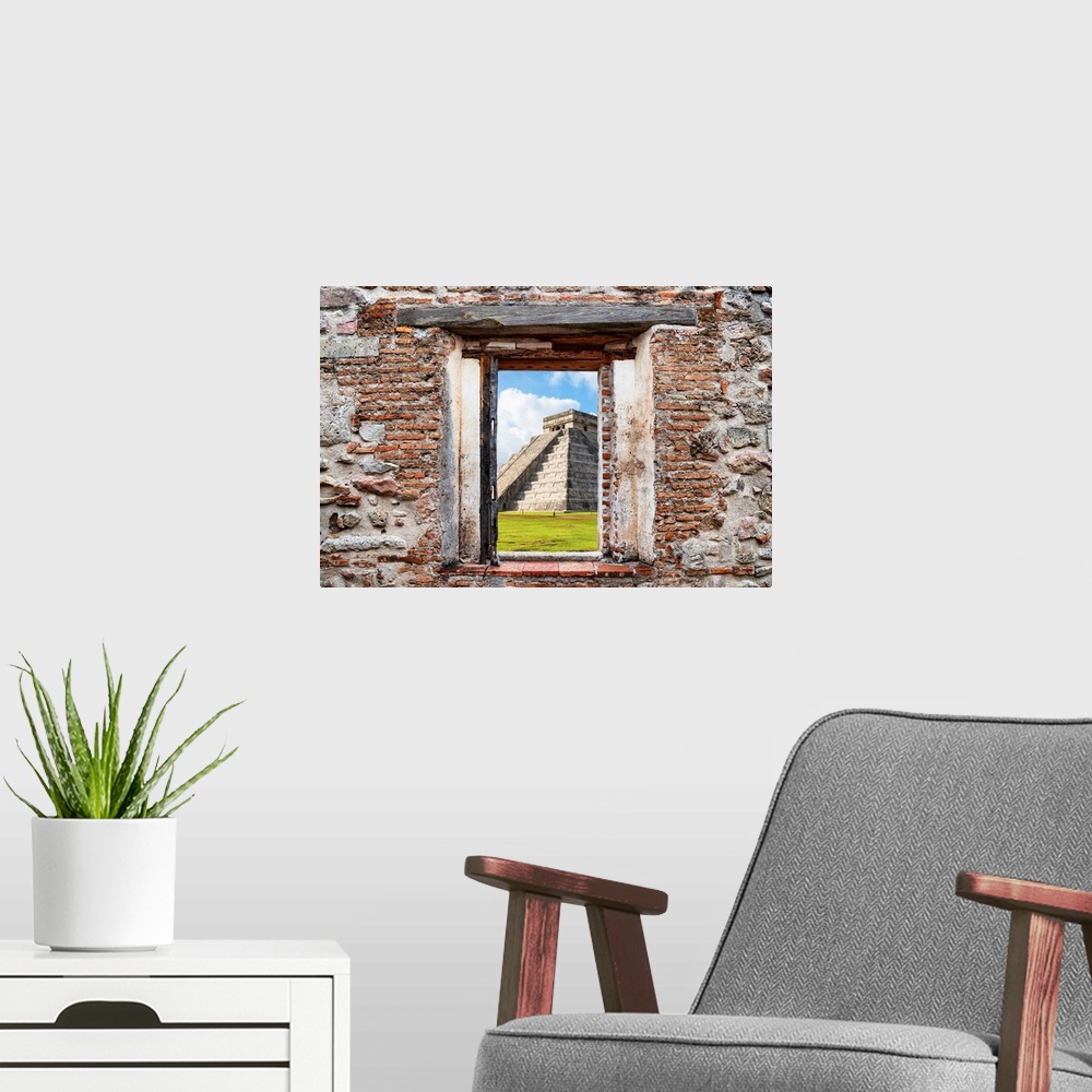 A modern room featuring View of El Castillo Pyramid in Yucat?n, Mexico, framed through a stony, brick window. From the Vi...