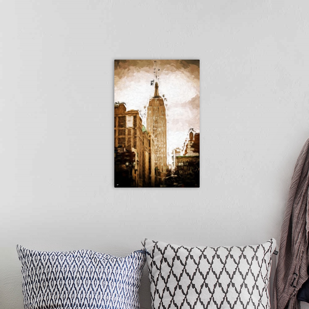 A bohemian room featuring Photograph with a painterly effect of the Empire State building, NYC.