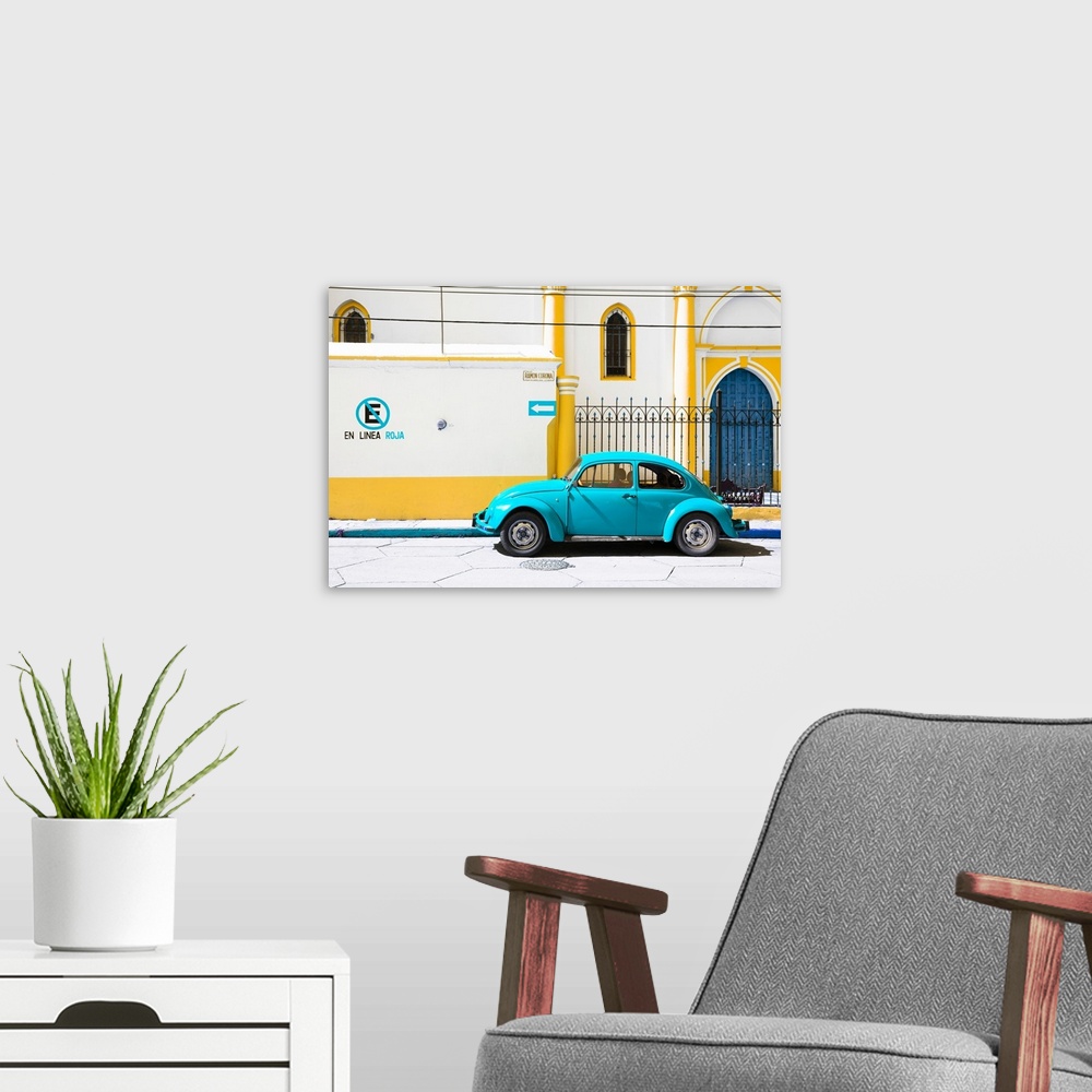 A modern room featuring Photograph of a Volkswagen Beetle parked in front of a yellow and white building. From the Viva M...