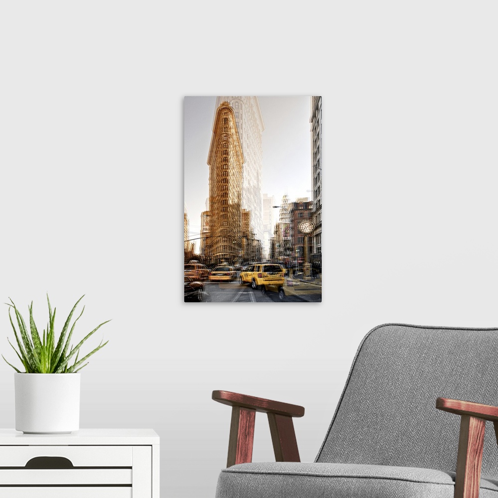 A modern room featuring Taxi cabs on the street near the Flatiron Building, with a layered effect creating a feeling of m...
