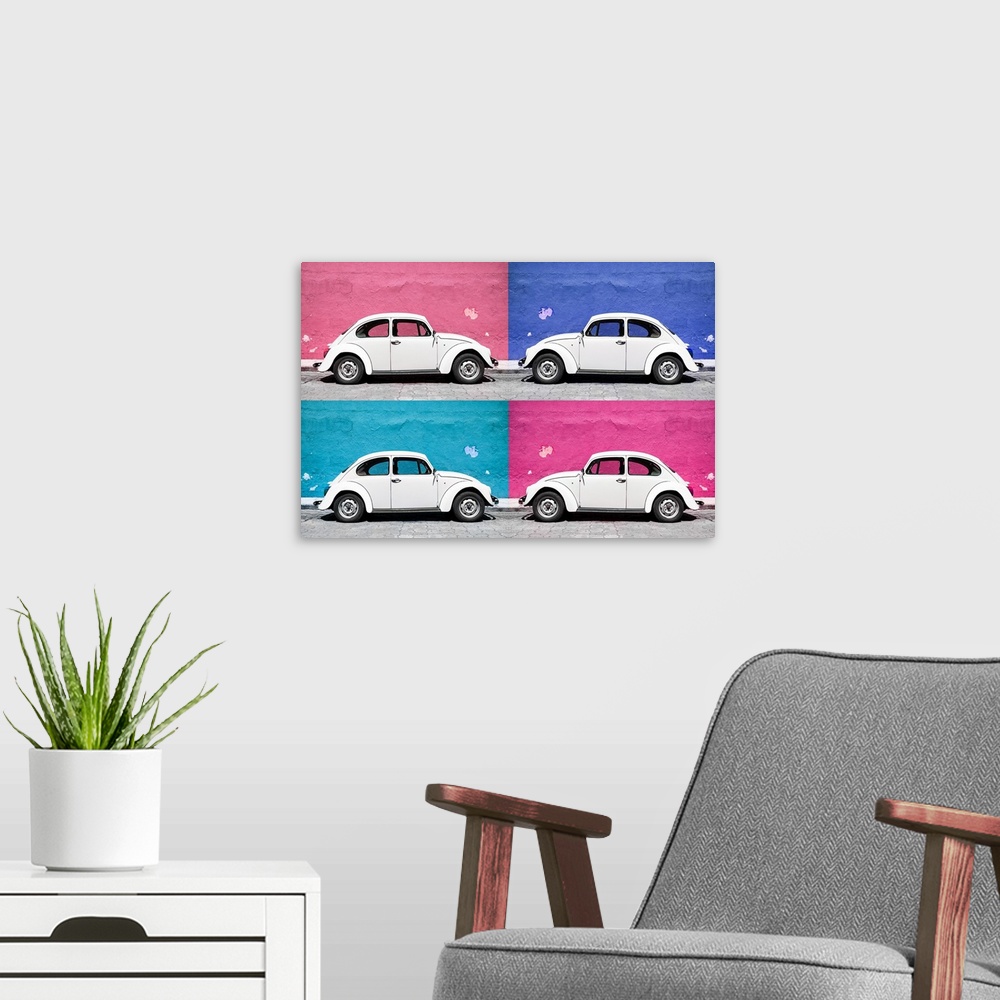 A modern room featuring Quadriptych photograph of a classic Volkswagen Beetle in front of colorful, bright walls. From th...