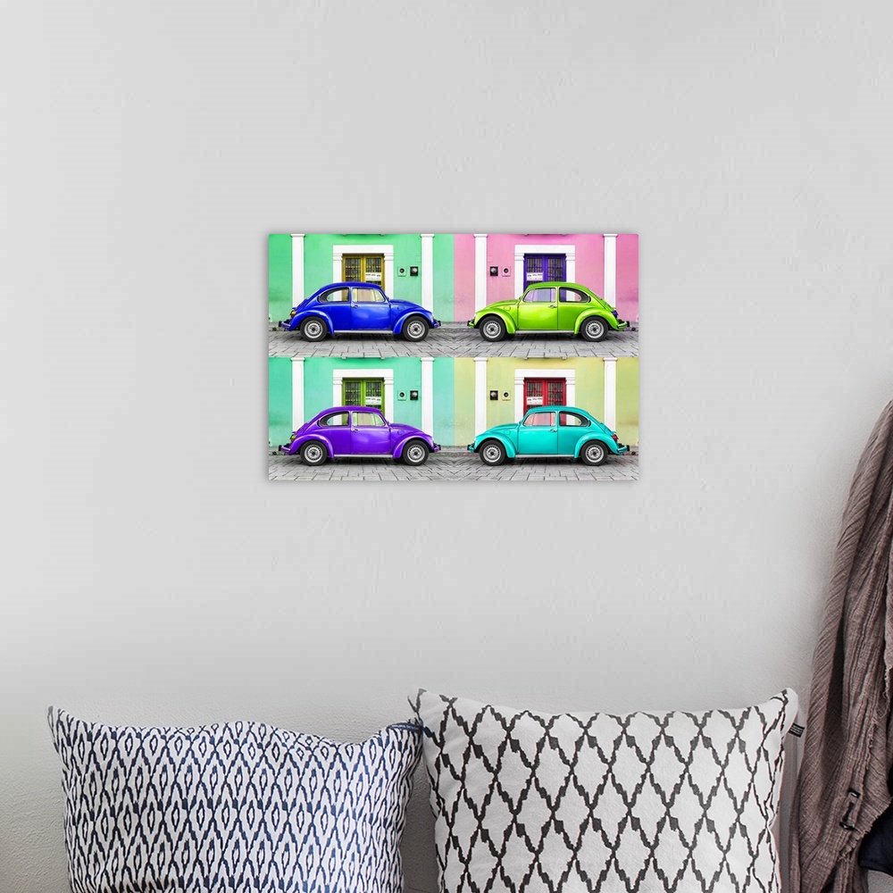 A bohemian room featuring Quadriptych photograph of colorful, classic Volkswagen Beetles in front of bright walls and doors...