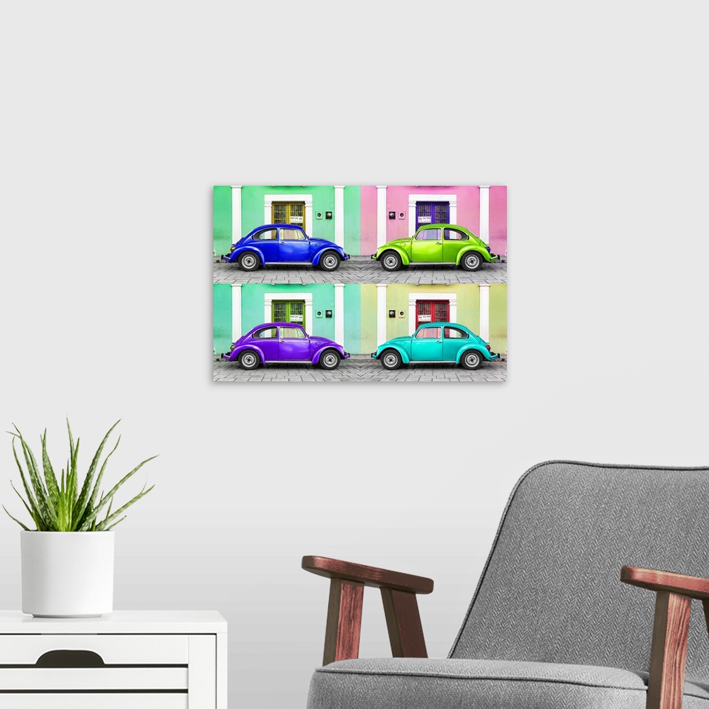 A modern room featuring Quadriptych photograph of colorful, classic Volkswagen Beetles in front of bright walls and doors...