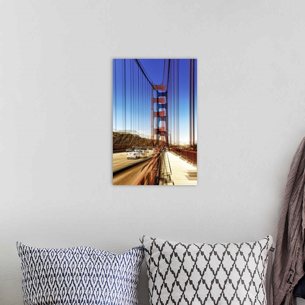 A bohemian room featuring Photograph of the red suspension cables of the Golden Gate Bridge, with a layered effect creating...