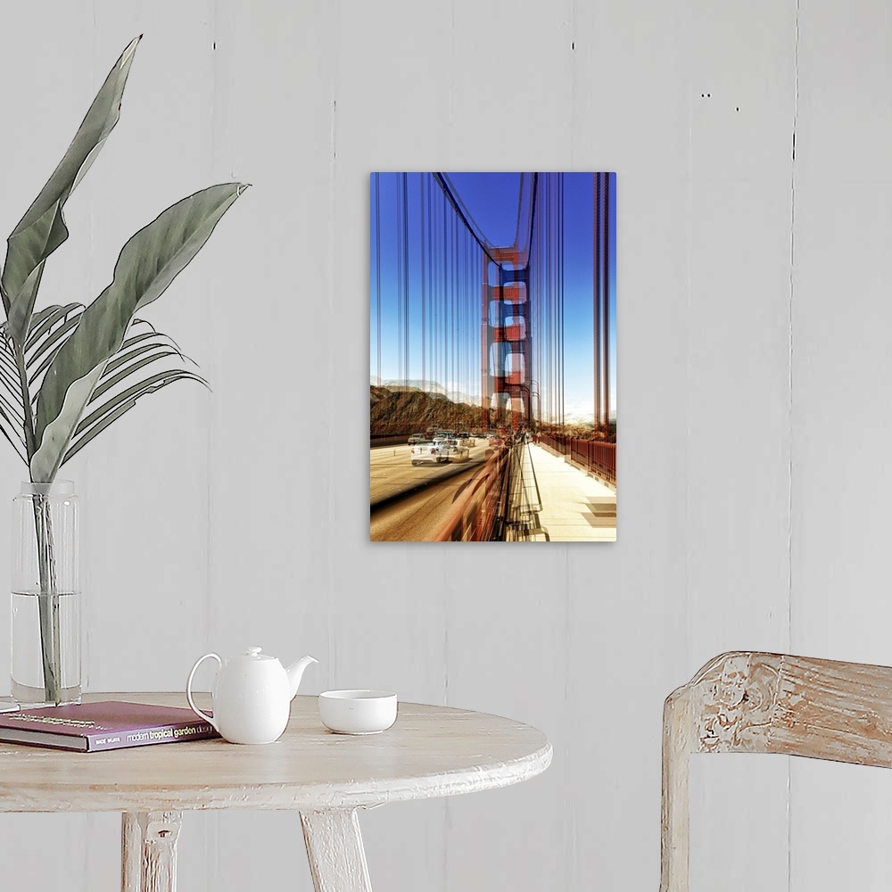 A farmhouse room featuring Photograph of the red suspension cables of the Golden Gate Bridge, with a layered effect creating...