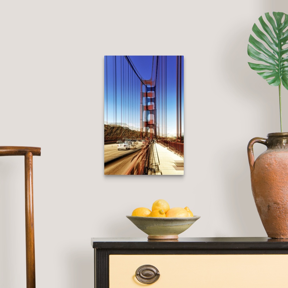 A traditional room featuring Photograph of the red suspension cables of the Golden Gate Bridge, with a layered effect creating...