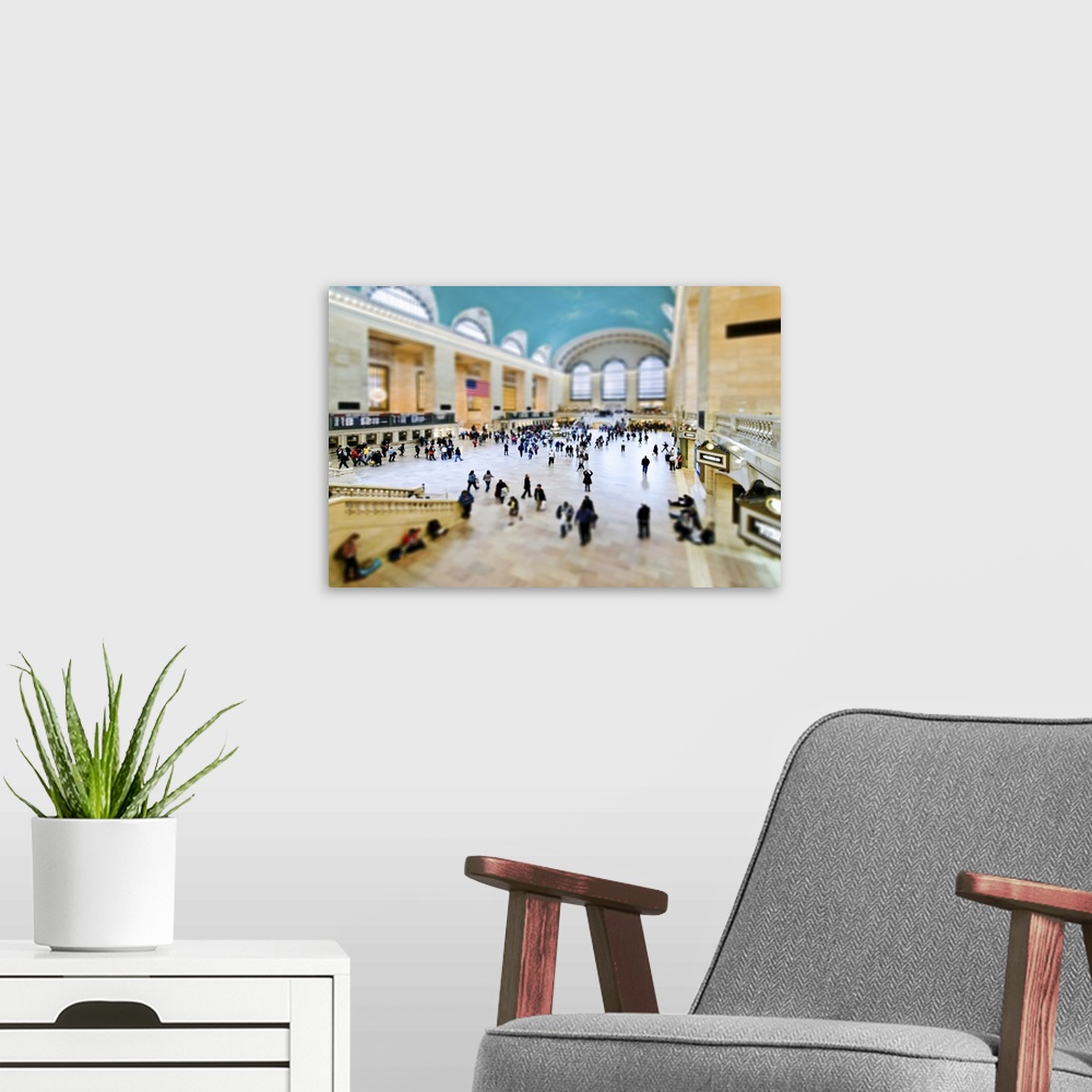 A modern room featuring Photo of the interior of Grand Central Station, with a tilt shift effect, creating the illusion o...