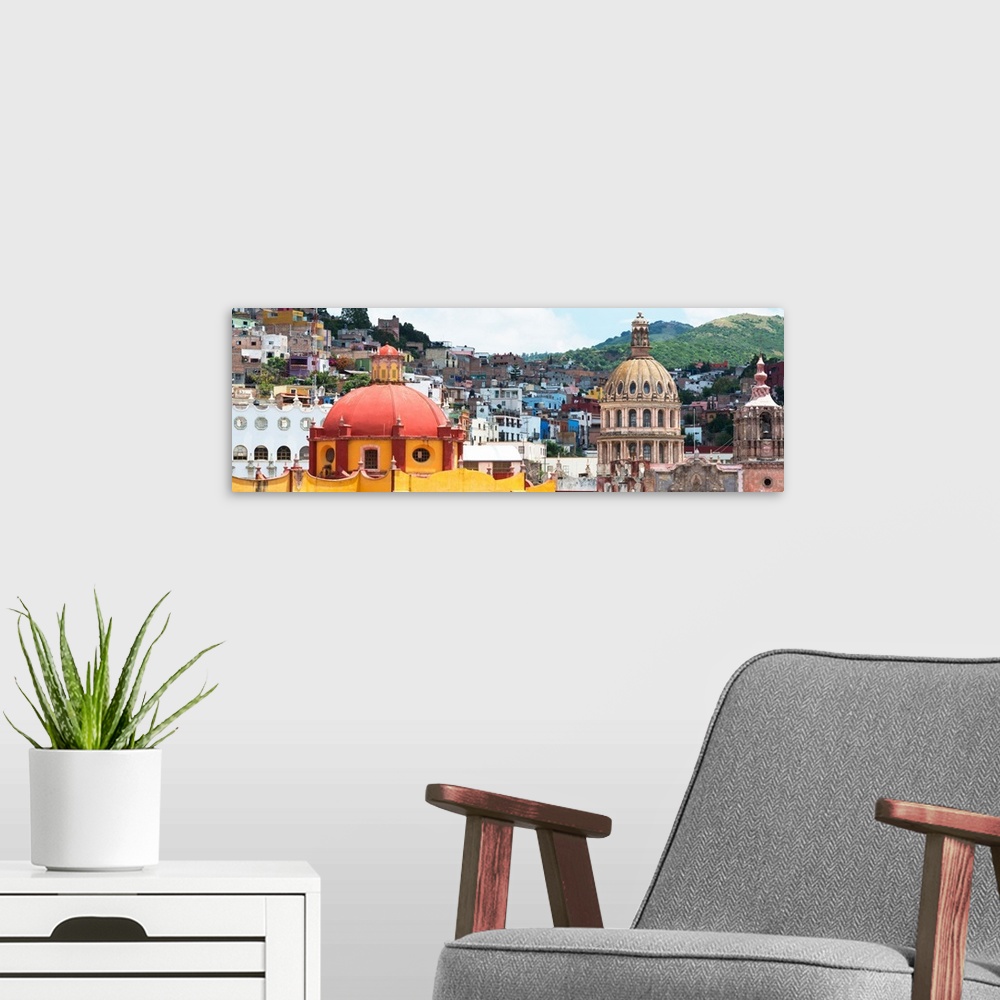 A modern room featuring Panoramic photo of colorful church domes and buildings in Guanajuato, Mexico. From the Viva Mexic...