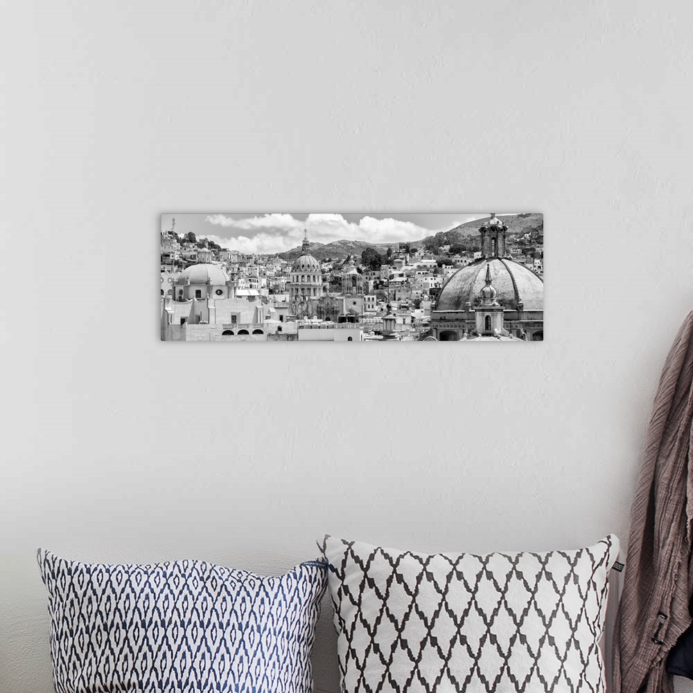 A bohemian room featuring Black and white panoramic photograph of a cityscape in Guanajuato, Mexico. From the Viva Mexico P...