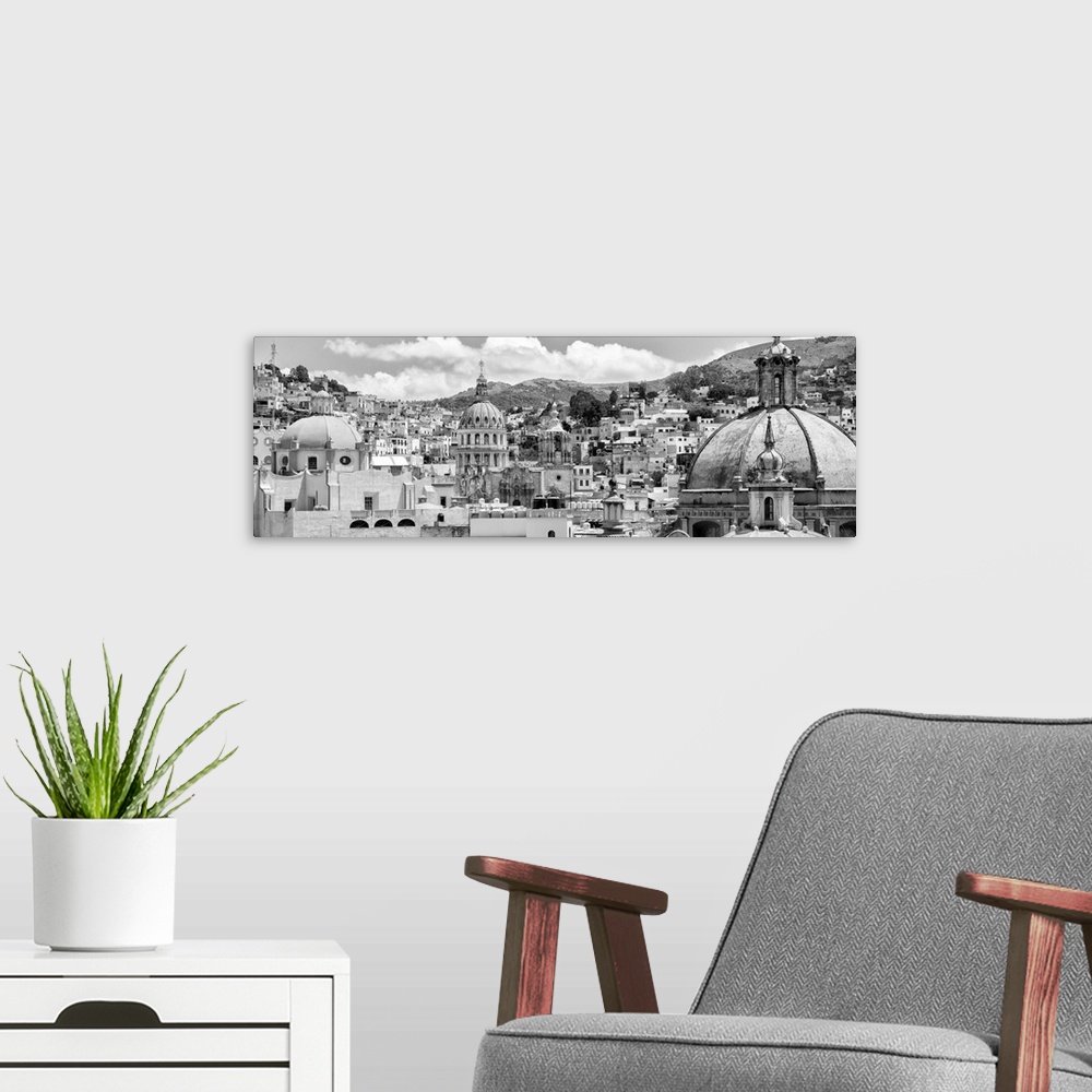 A modern room featuring Black and white panoramic photograph of a cityscape in Guanajuato, Mexico. From the Viva Mexico P...