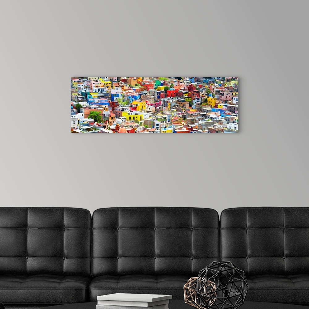 A modern room featuring Colorful cityscape panoramic photograph of Guanajuato, Mexico. From the Viva Mexico Panoramic Col...