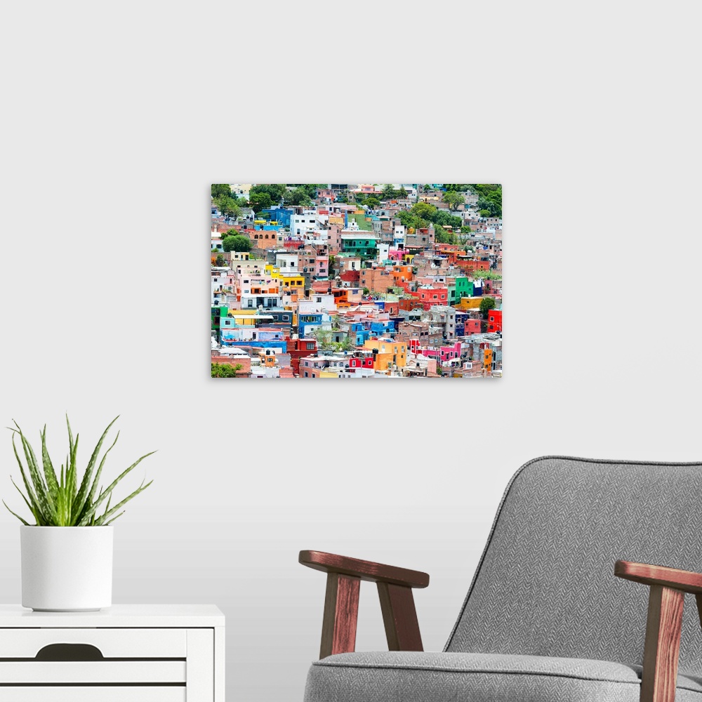 A modern room featuring Colorful cityscape photograph of Guanajuato, Mexico. From the Viva Mexico Collection.
