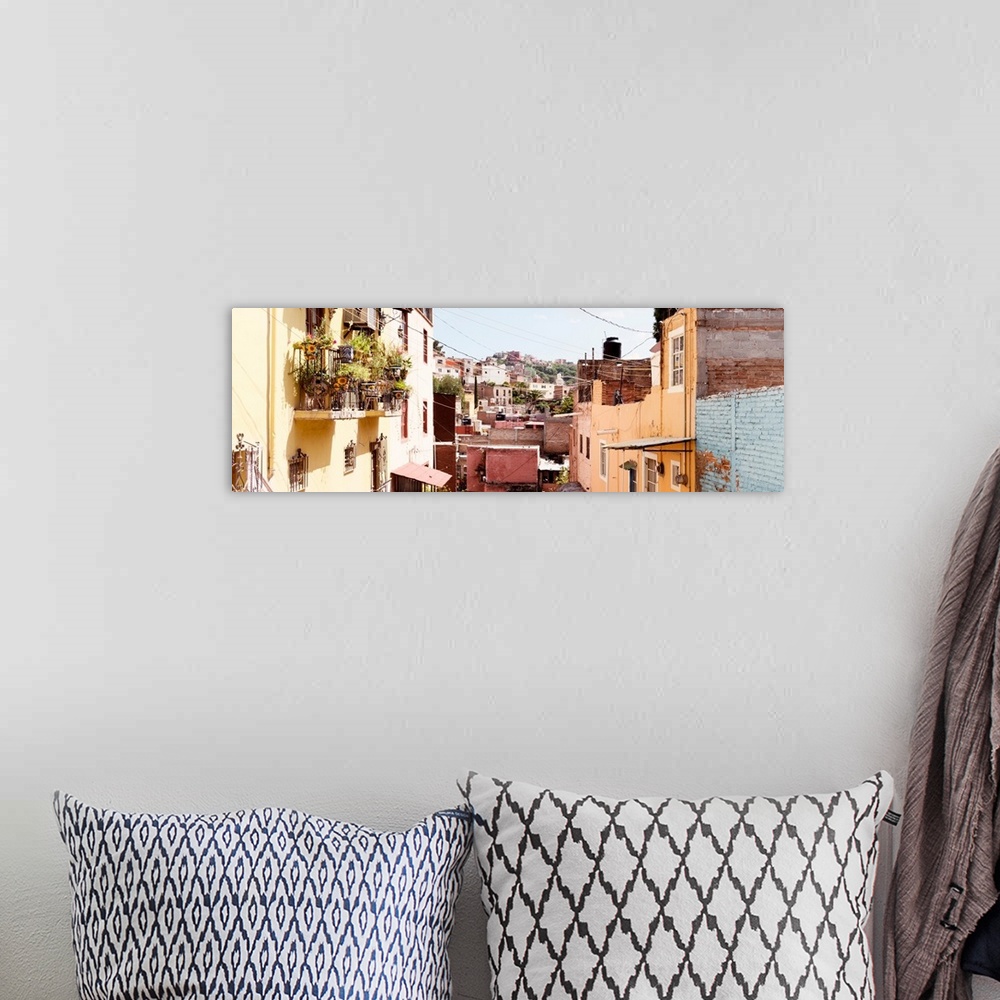 A bohemian room featuring Panoramic photograph of rows of colorful houses in Guanajuato, Mexico. From the Viva Mexico Panor...
