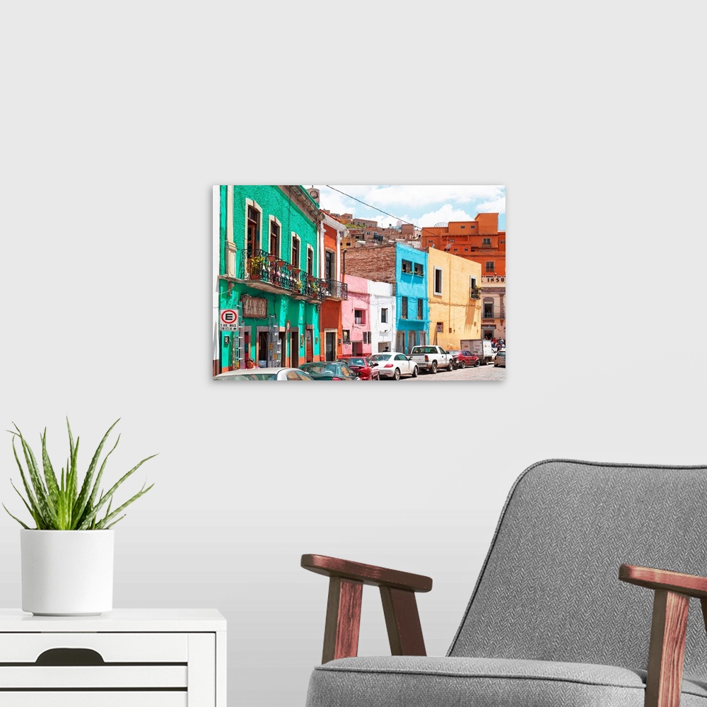 A modern room featuring Vertical photograph of a colorful streetscape in Guanajuato. From the Viva Mexico Collection.