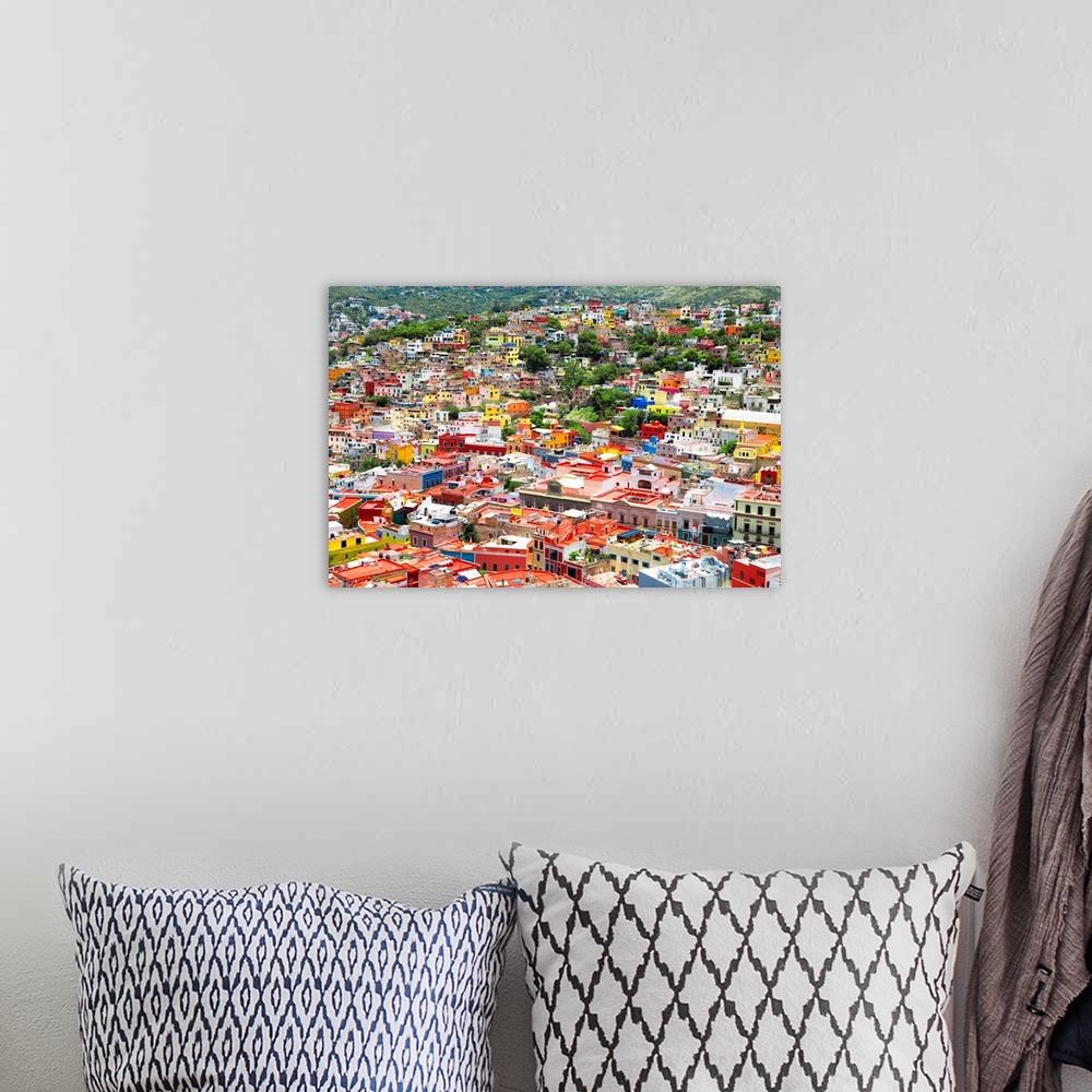 A bohemian room featuring Aerial photograph of the city of Guanajuato, Mexico, with colorful buildings. From the Viva Mexic...