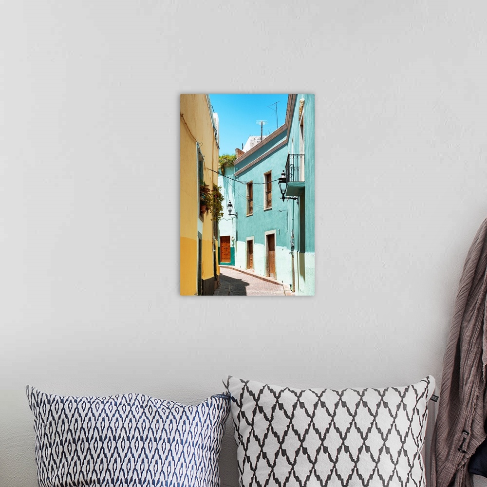 A bohemian room featuring Photograph of a pastel colored streetscape in Guanajuato, Mexico. From the Viva Mexico Collection.