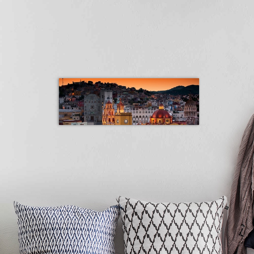 A bohemian room featuring Panoramic photograph of the iconic Yellow Church at night in Guanajuato, Mexico. From the Viva