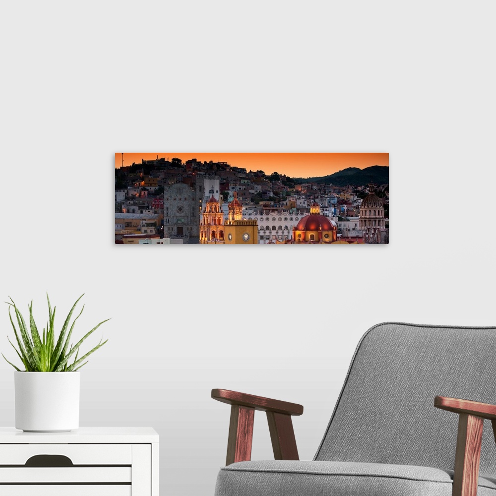 A modern room featuring Panoramic photograph of the iconic Yellow Church at night in Guanajuato, Mexico. From the Viva