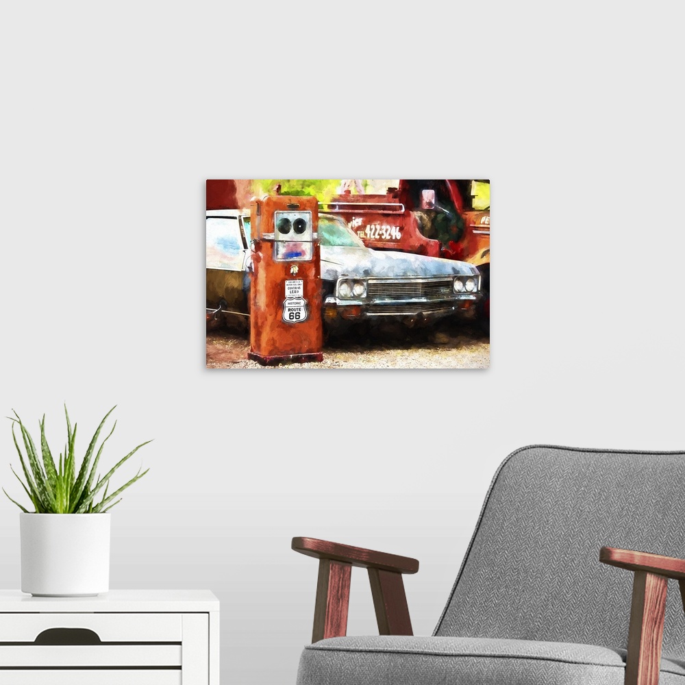 A modern room featuring A photograph of a western gas station with a painterly effect.