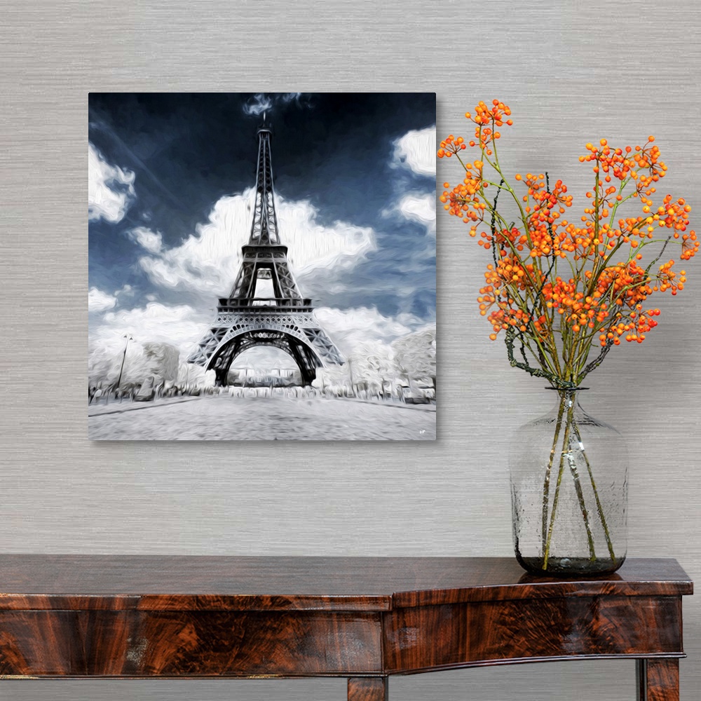 A traditional room featuring Infrared photograph with a painterly effect of Paris.