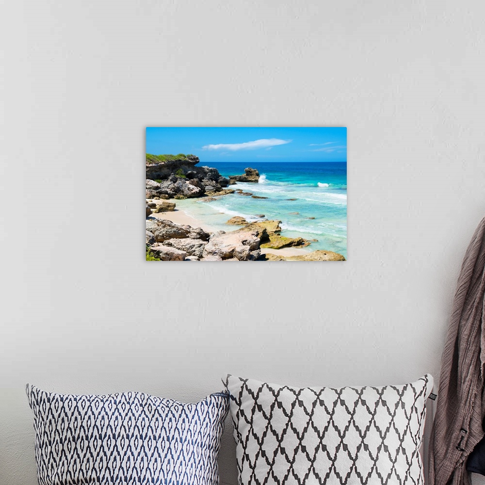A bohemian room featuring Photograph of the rocky beach on Isla Mujeres, Mexico. From the Viva Mexico Collection.