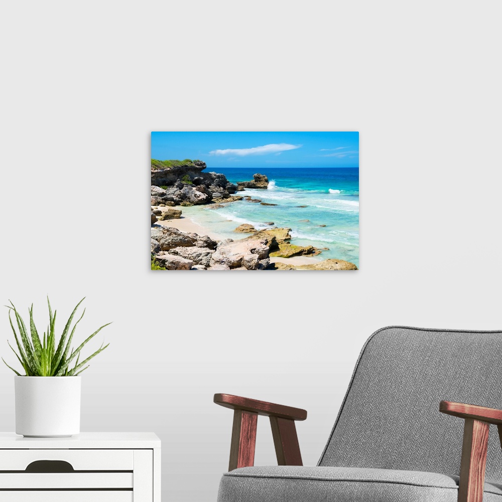 A modern room featuring Photograph of the rocky beach on Isla Mujeres, Mexico. From the Viva Mexico Collection.