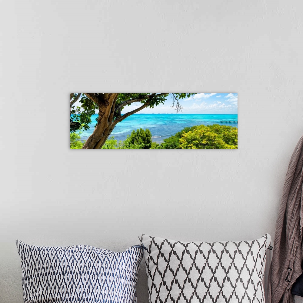 A bohemian room featuring Panoramic photograph of the beautiful, clear blue coastline at Isla Mujeres with the Cancun skyli...