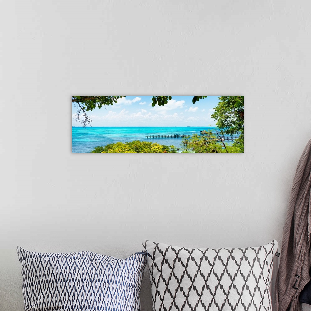 A bohemian room featuring Panoramic photograph of a view of the Caribbean ocean from Isla Mujeres, Mexico. From the Viva Me...