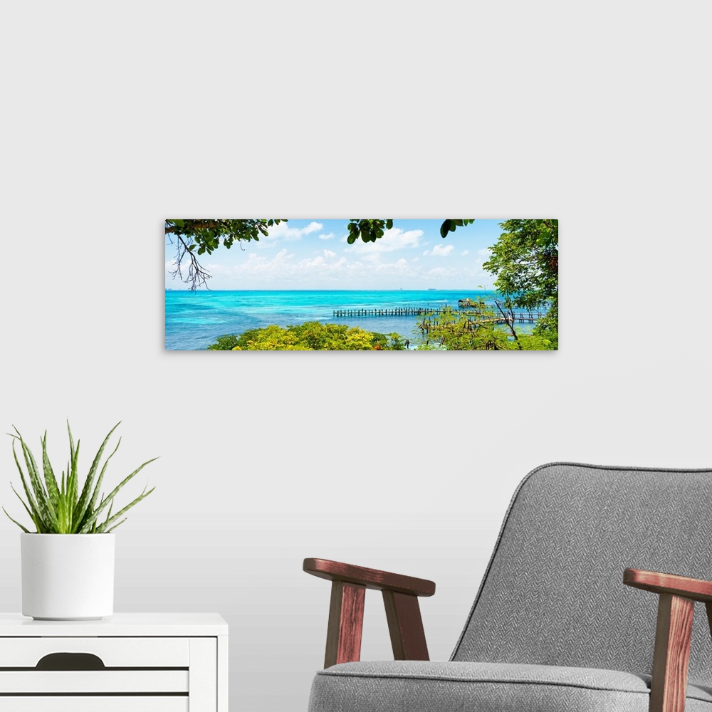A modern room featuring Panoramic photograph of a view of the Caribbean ocean from Isla Mujeres, Mexico. From the Viva Me...