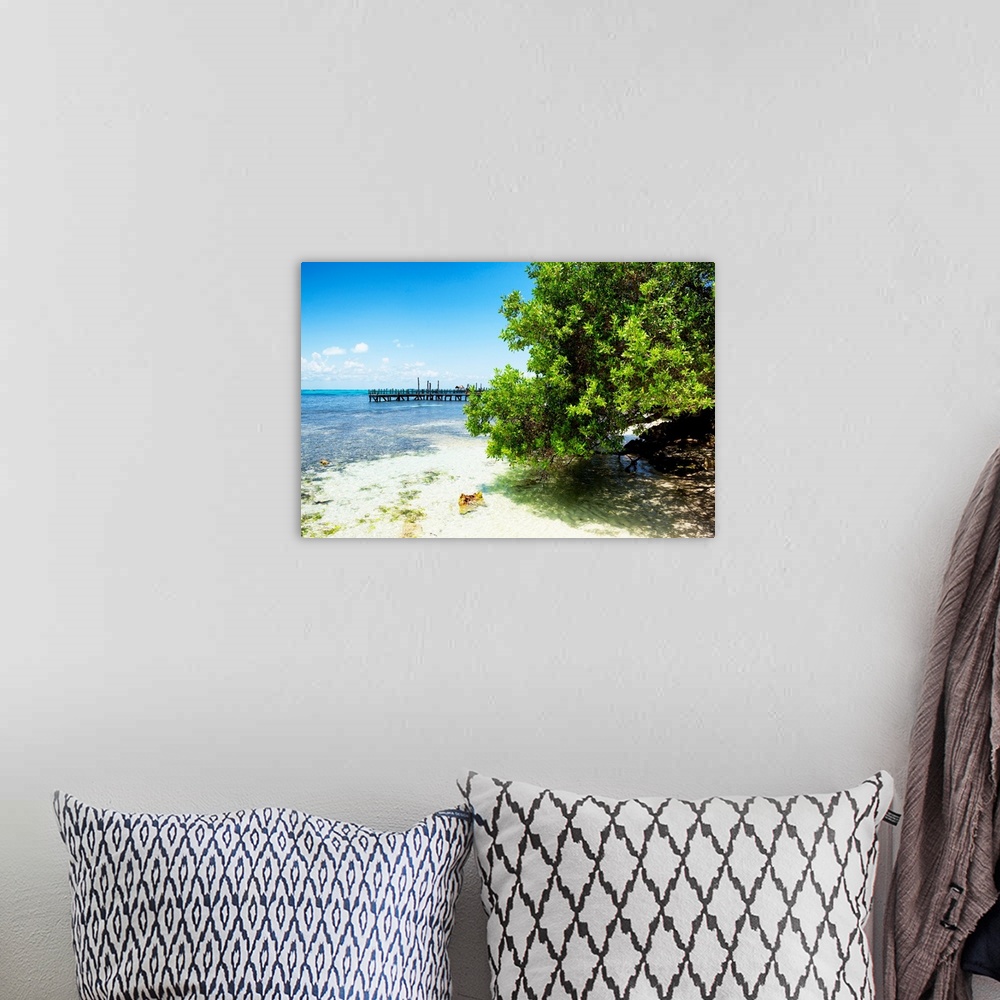 A bohemian room featuring Landscape photograph of Isla Mujeres in the Caribbean, Mexico. From the Viva Mexico Collection.
