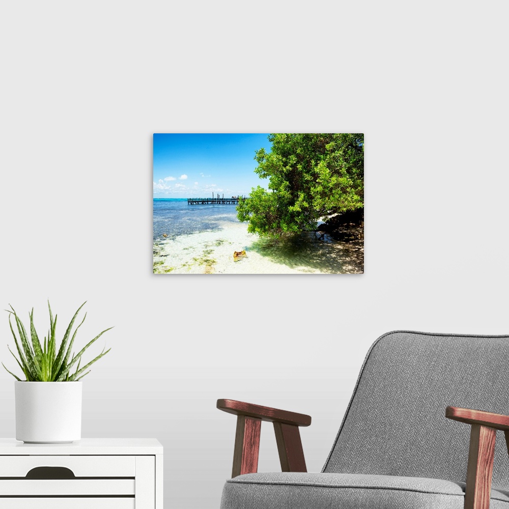 A modern room featuring Landscape photograph of Isla Mujeres in the Caribbean, Mexico. From the Viva Mexico Collection.