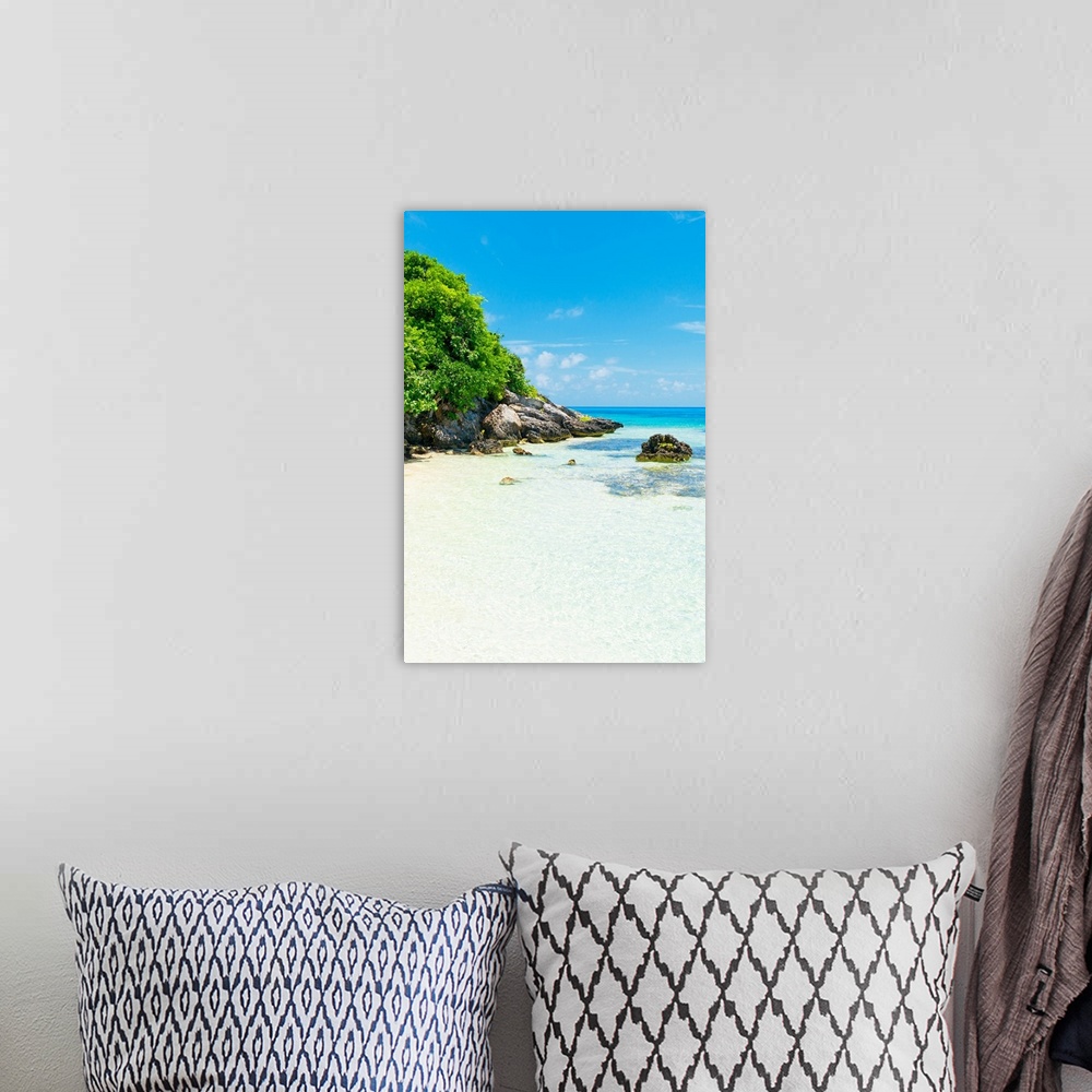 A bohemian room featuring Photograph of a relaxing beach scene in Isla Mujeres, Mexico, with clear blue water. From the Viv...
