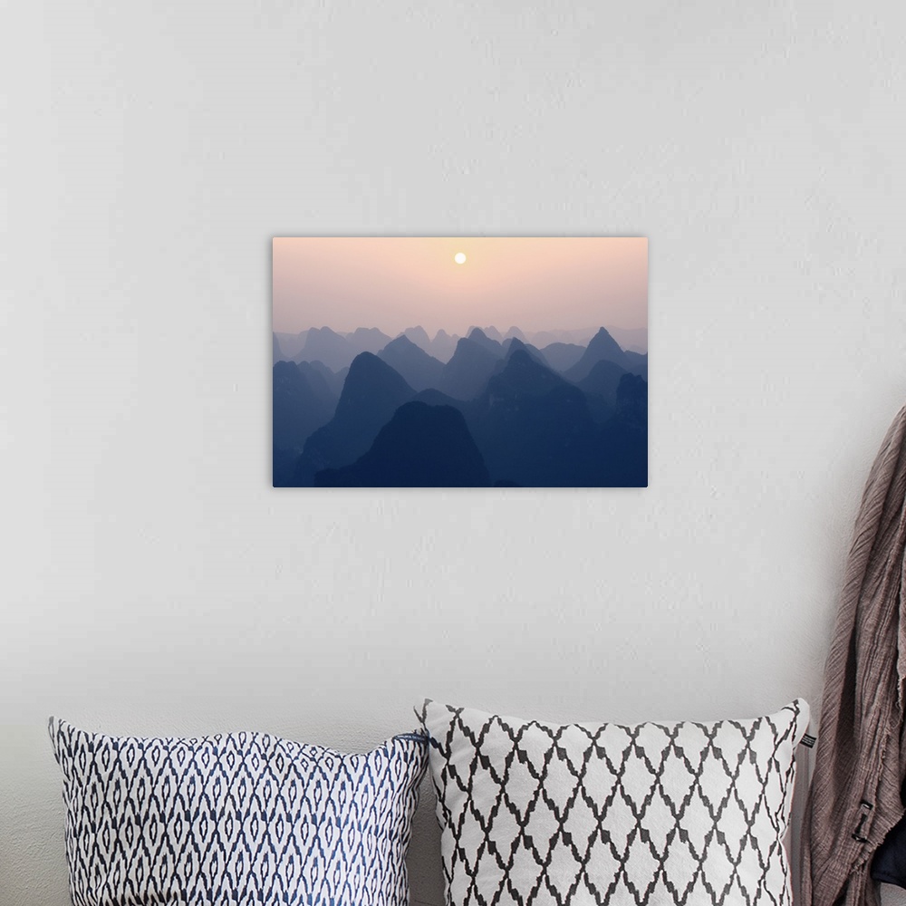 A bohemian room featuring Karst Mountains at Pastel Sunset, Yangshuo, China 10MKm2 Collection.