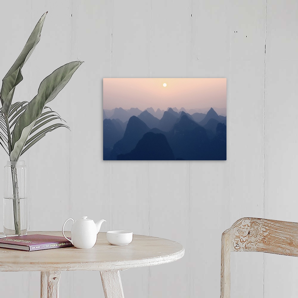 A farmhouse room featuring Karst Mountains at Pastel Sunset, Yangshuo, China 10MKm2 Collection.