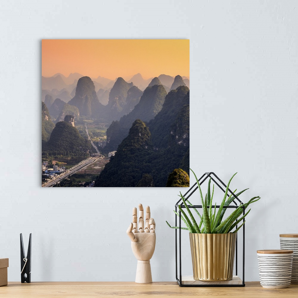 A bohemian room featuring Karst Mountains at Sunset, Yangshuo, China 10MKm2 Collection.