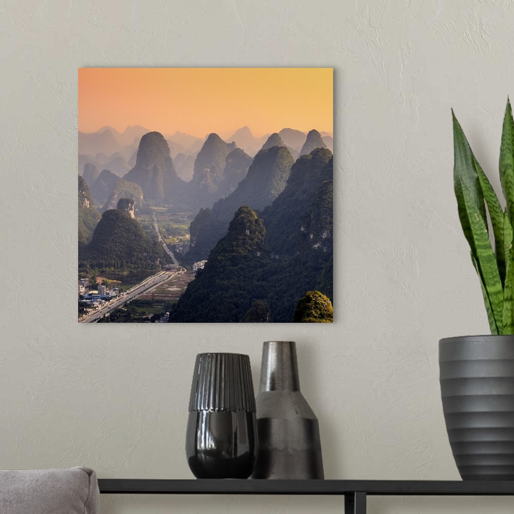 A modern room featuring Karst Mountains at Sunset, Yangshuo, China 10MKm2 Collection.