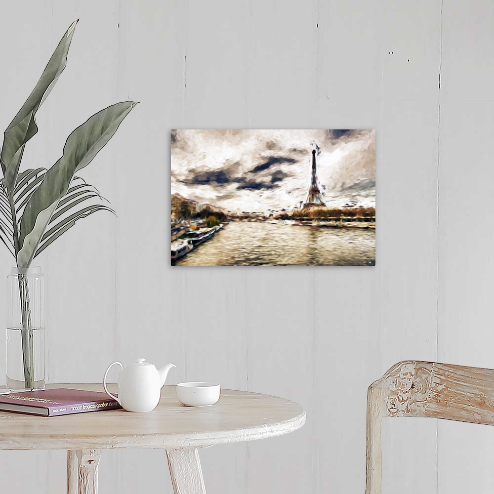 A farmhouse room featuring Photograph of Paris, France with a painterly effect.