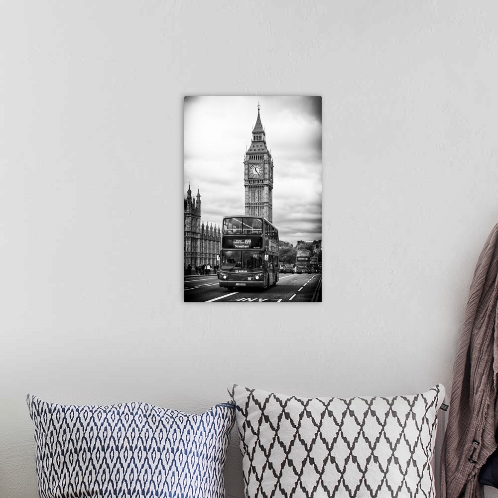 A bohemian room featuring Photograph of the iconic double decker bus driving past Big Ben in London.